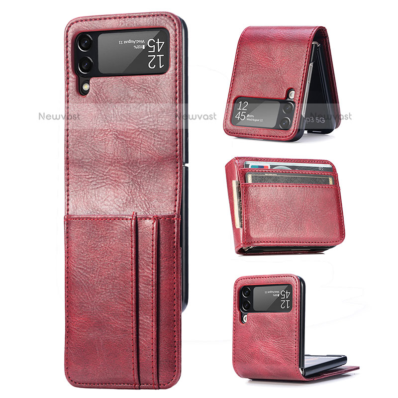 Luxury Leather Matte Finish and Plastic Back Cover Case H03 for Samsung Galaxy Z Flip3 5G Red