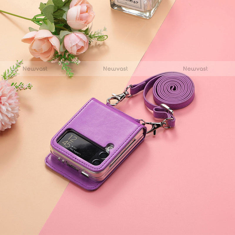 Luxury Leather Matte Finish and Plastic Back Cover Case H05 for Samsung Galaxy Z Flip3 5G Purple