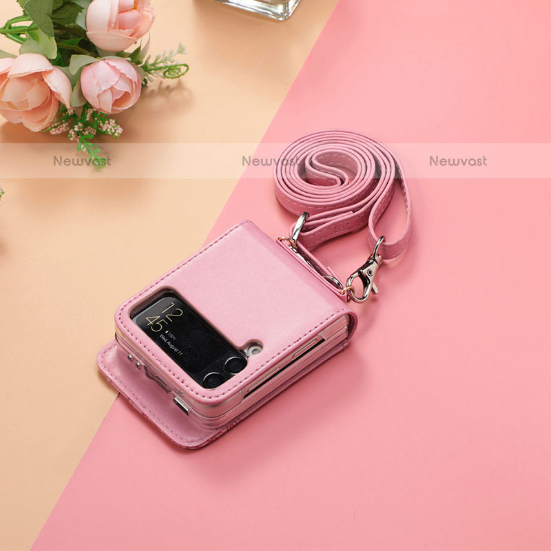 Luxury Leather Matte Finish and Plastic Back Cover Case H05 for Samsung Galaxy Z Flip3 5G Rose Gold