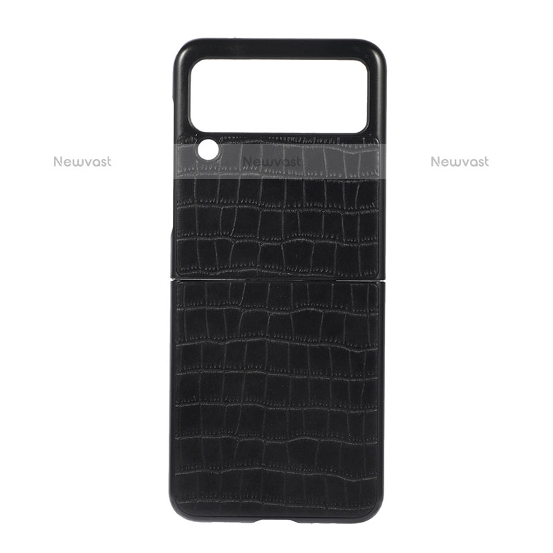 Luxury Leather Matte Finish and Plastic Back Cover Case H06 for Samsung Galaxy Z Flip3 5G Black