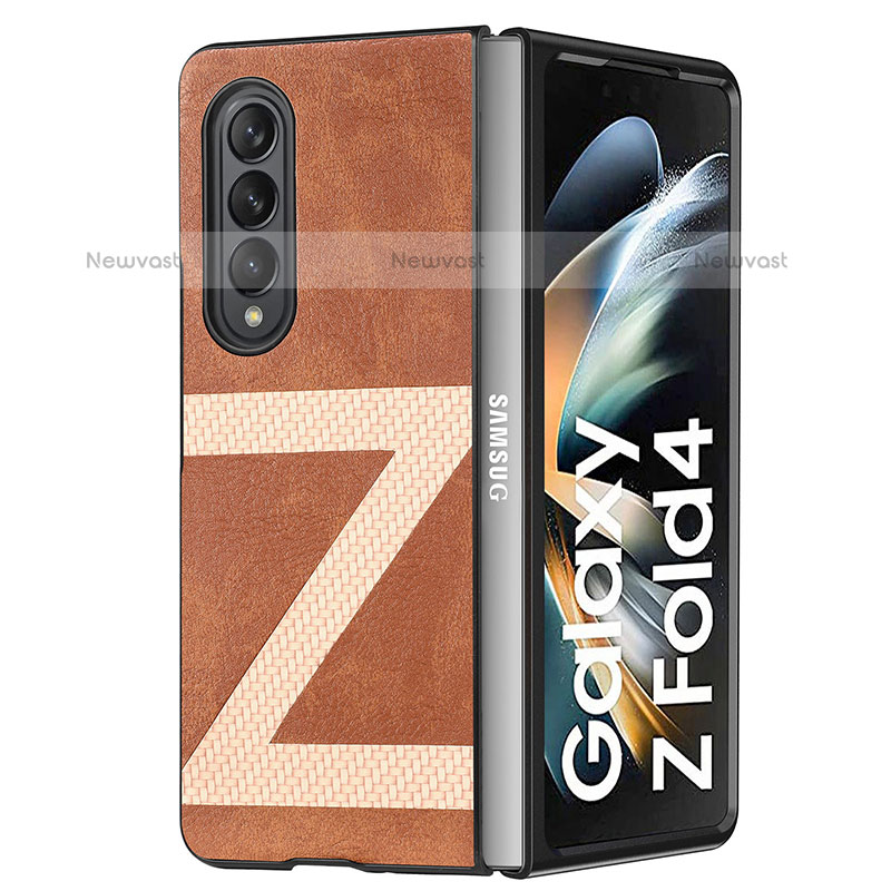 Luxury Leather Matte Finish and Plastic Back Cover Case H08 for Samsung Galaxy Z Fold3 5G Brown