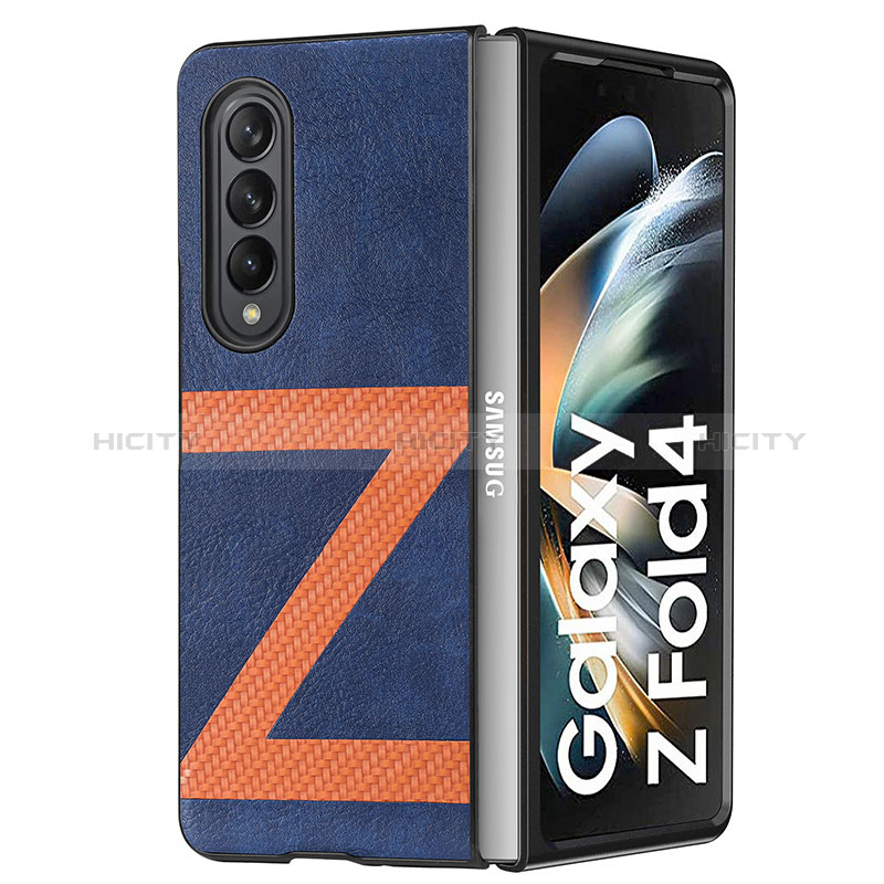 Luxury Leather Matte Finish and Plastic Back Cover Case H08 for Samsung Galaxy Z Fold4 5G Blue