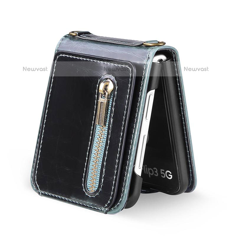 Luxury Leather Matte Finish and Plastic Back Cover Case JD3 for Samsung Galaxy Z Flip3 5G Blue