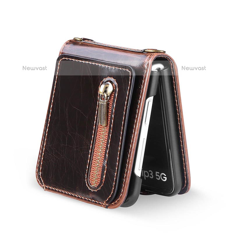 Luxury Leather Matte Finish and Plastic Back Cover Case JD3 for Samsung Galaxy Z Flip3 5G Brown