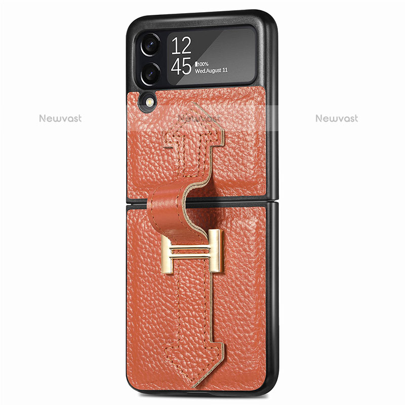 Luxury Leather Matte Finish and Plastic Back Cover Case L05 for Samsung Galaxy Z Flip3 5G Orange