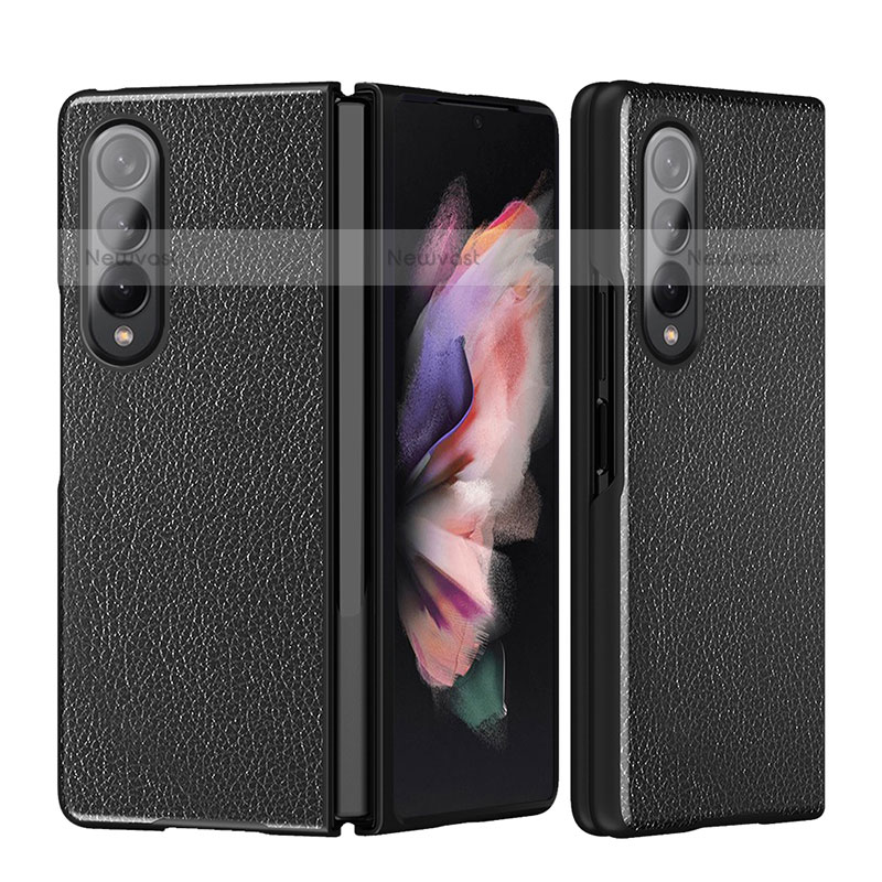 Luxury Leather Matte Finish and Plastic Back Cover Case L08 for Samsung Galaxy Z Fold3 5G Black