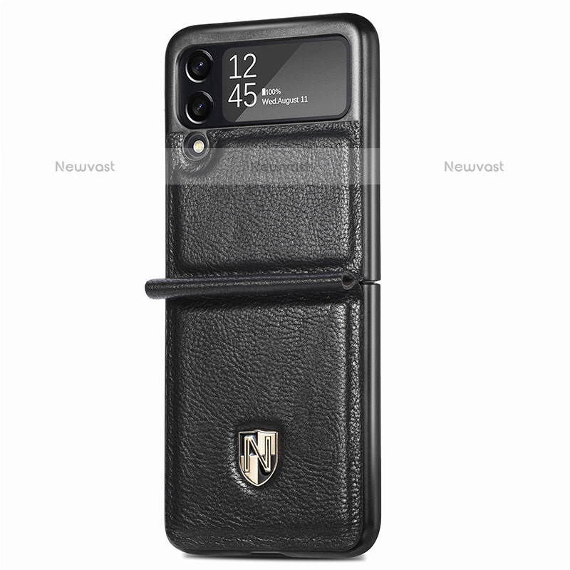 Luxury Leather Matte Finish and Plastic Back Cover Case L09 for Samsung Galaxy Z Flip3 5G Black