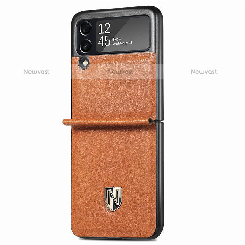 Luxury Leather Matte Finish and Plastic Back Cover Case L09 for Samsung Galaxy Z Flip3 5G Brown