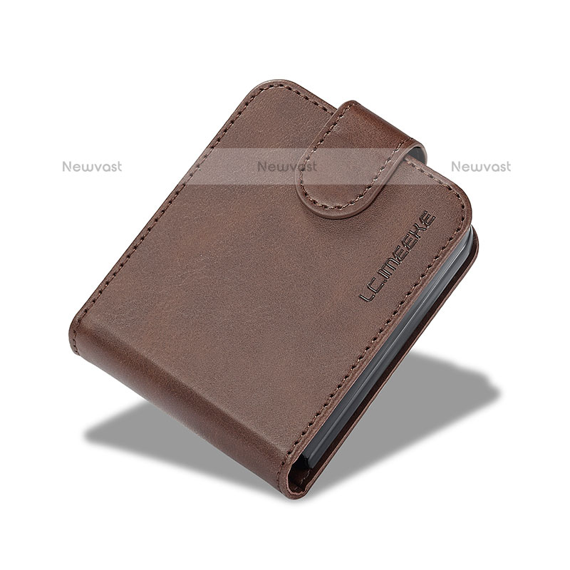 Luxury Leather Matte Finish and Plastic Back Cover Case LC6 for Samsung Galaxy Z Flip5 5G Brown