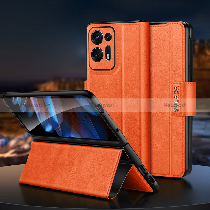 Luxury Leather Matte Finish and Plastic Back Cover Case LD1 for Oppo Find N2 5G Orange