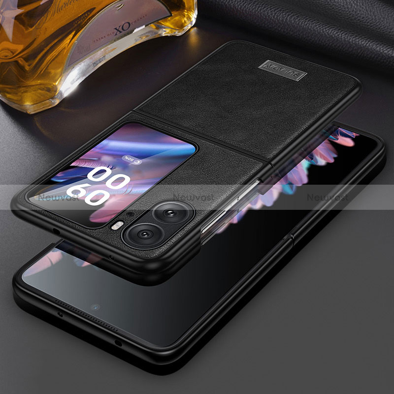 Luxury Leather Matte Finish and Plastic Back Cover Case LD1 for Oppo Find N2 Flip 5G Black