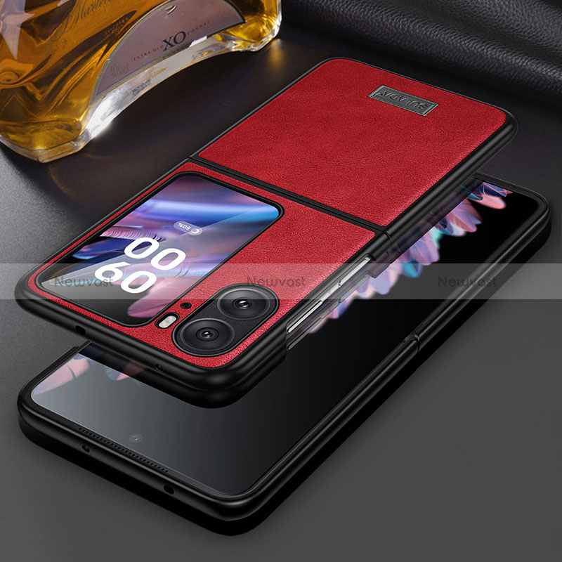 Luxury Leather Matte Finish and Plastic Back Cover Case LD1 for Oppo Find N2 Flip 5G Red