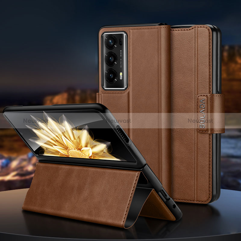 Luxury Leather Matte Finish and Plastic Back Cover Case LD2 for Huawei Honor Magic V2 5G Brown