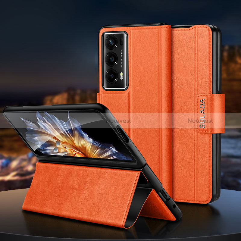 Luxury Leather Matte Finish and Plastic Back Cover Case LD2 for Huawei Honor Magic V2 5G Orange