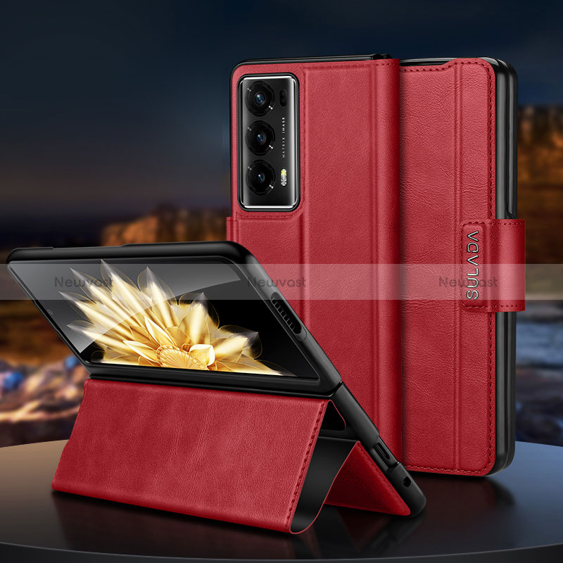 Luxury Leather Matte Finish and Plastic Back Cover Case LD2 for Huawei Honor Magic V2 5G Red