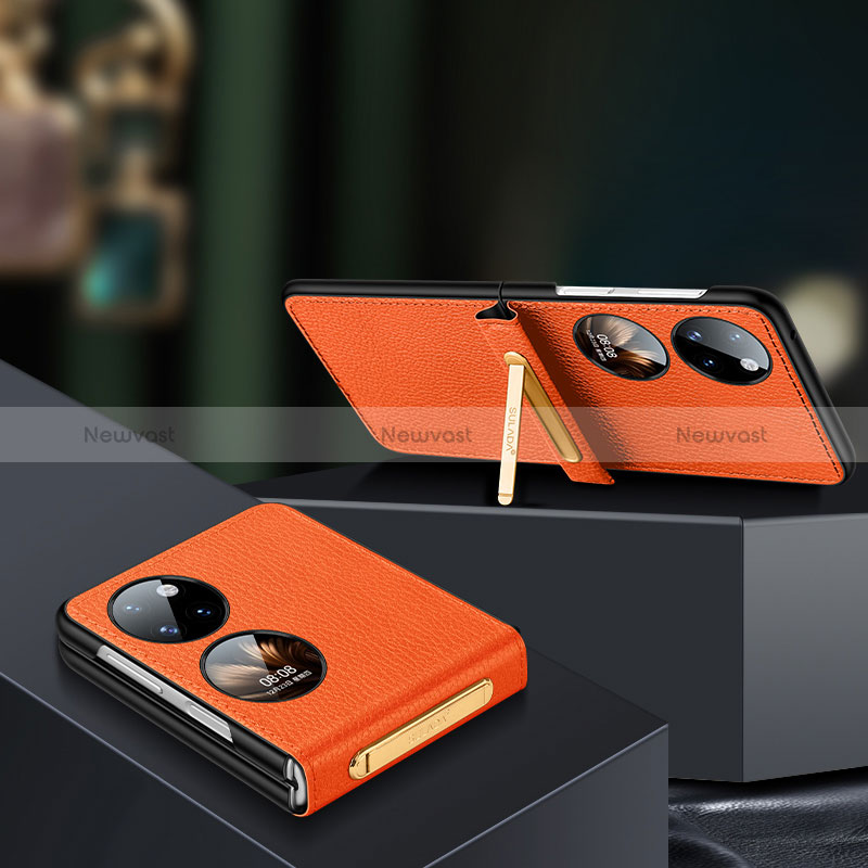 Luxury Leather Matte Finish and Plastic Back Cover Case LD2 for Huawei P50 Pocket Orange