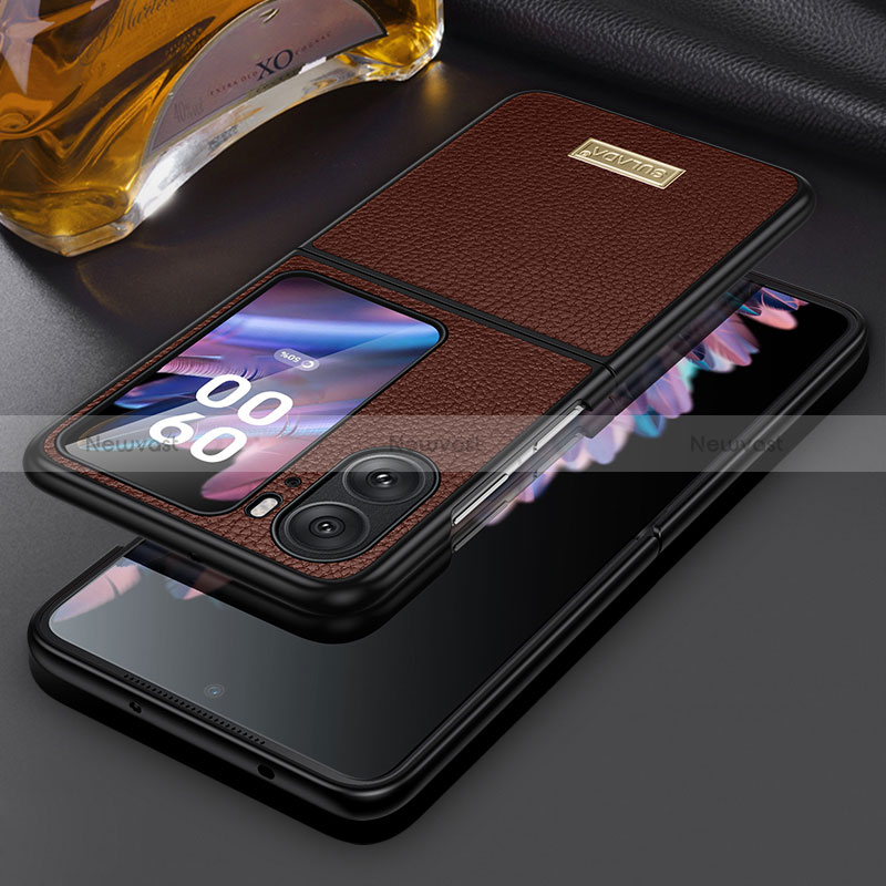 Luxury Leather Matte Finish and Plastic Back Cover Case LD2 for Oppo Find N2 Flip 5G Brown