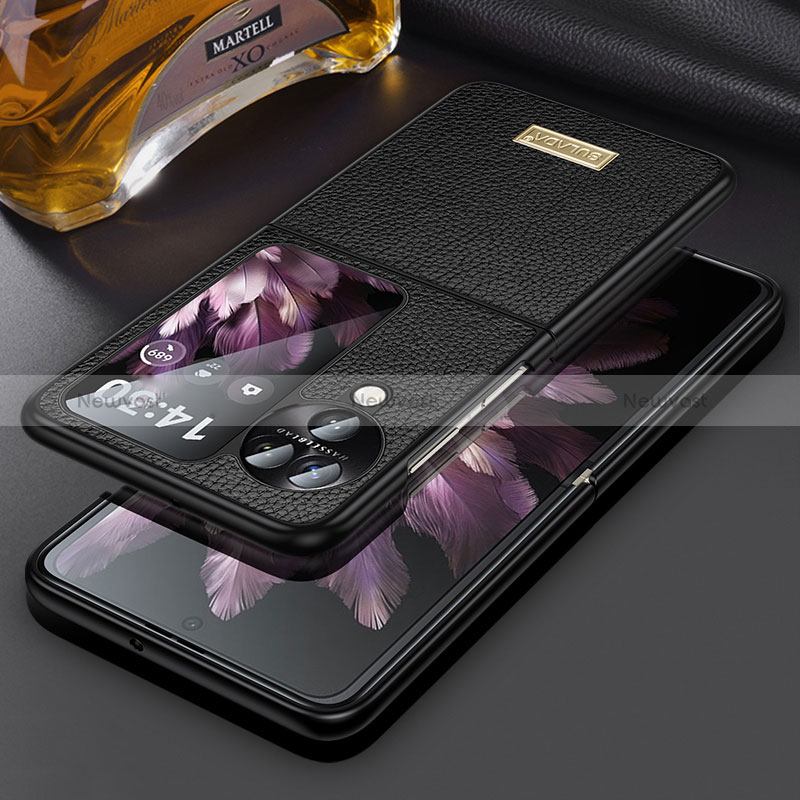 Luxury Leather Matte Finish and Plastic Back Cover Case LD2 for Oppo Find N3 Flip 5G Black