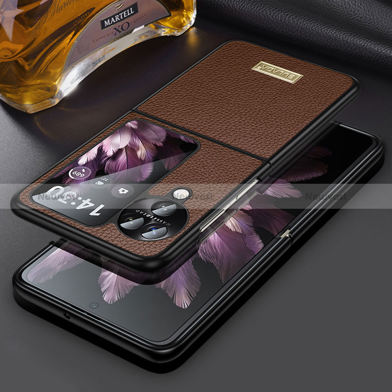 Luxury Leather Matte Finish and Plastic Back Cover Case LD2 for Oppo Find N3 Flip 5G Brown