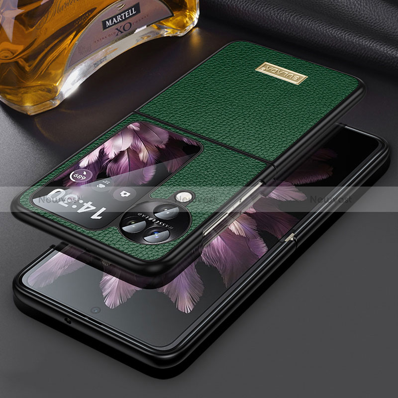 Luxury Leather Matte Finish and Plastic Back Cover Case LD2 for Oppo Find N3 Flip 5G Green