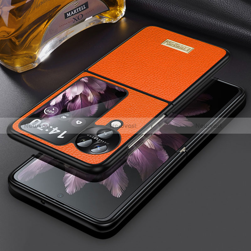 Luxury Leather Matte Finish and Plastic Back Cover Case LD2 for Oppo Find N3 Flip 5G Orange