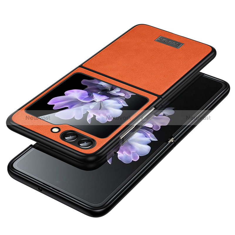 Luxury Leather Matte Finish and Plastic Back Cover Case LD2 for Samsung Galaxy Z Flip5 5G Orange