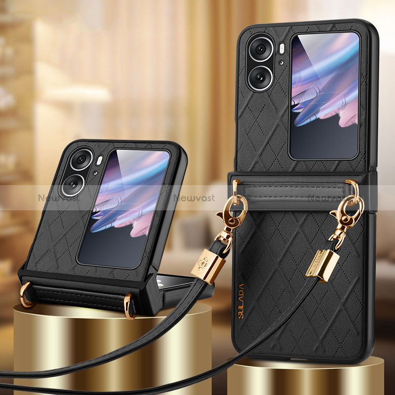 Luxury Leather Matte Finish and Plastic Back Cover Case LD3 for Oppo Find N2 Flip 5G Black
