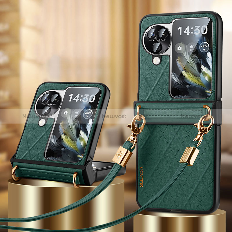 Luxury Leather Matte Finish and Plastic Back Cover Case LD3 for Oppo Find N3 Flip 5G Green