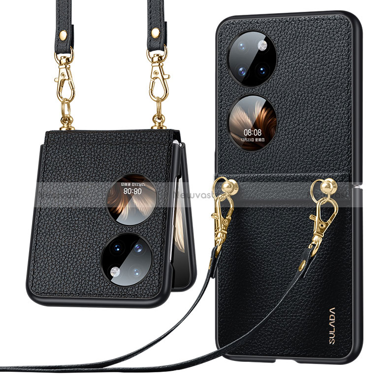 Luxury Leather Matte Finish and Plastic Back Cover Case LD5 for Huawei P50 Pocket Black