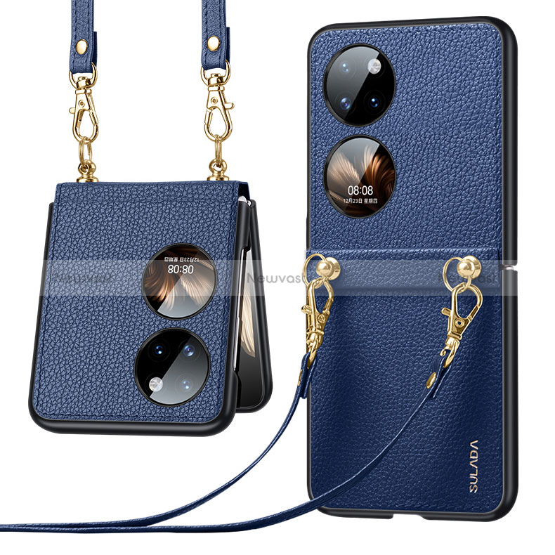 Luxury Leather Matte Finish and Plastic Back Cover Case LD5 for Huawei P50 Pocket Blue