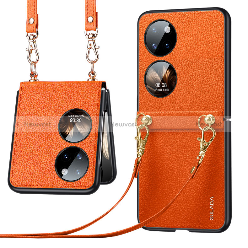 Luxury Leather Matte Finish and Plastic Back Cover Case LD5 for Huawei P50 Pocket Orange