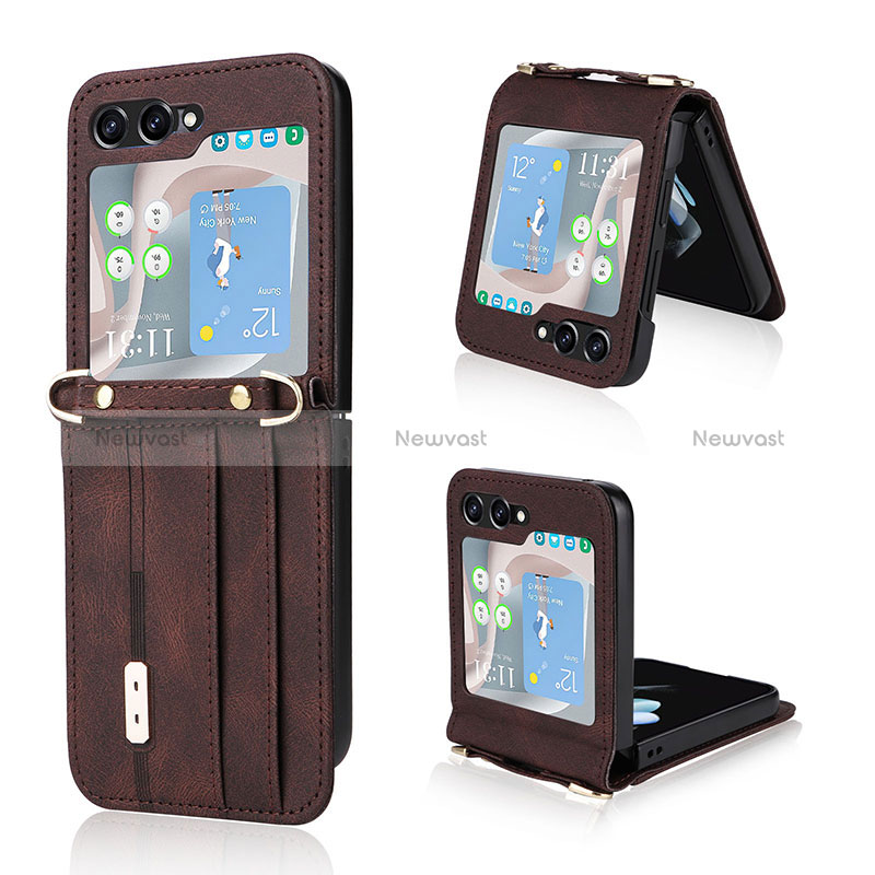 Luxury Leather Matte Finish and Plastic Back Cover Case LZ2 for Samsung Galaxy Z Flip5 5G Brown