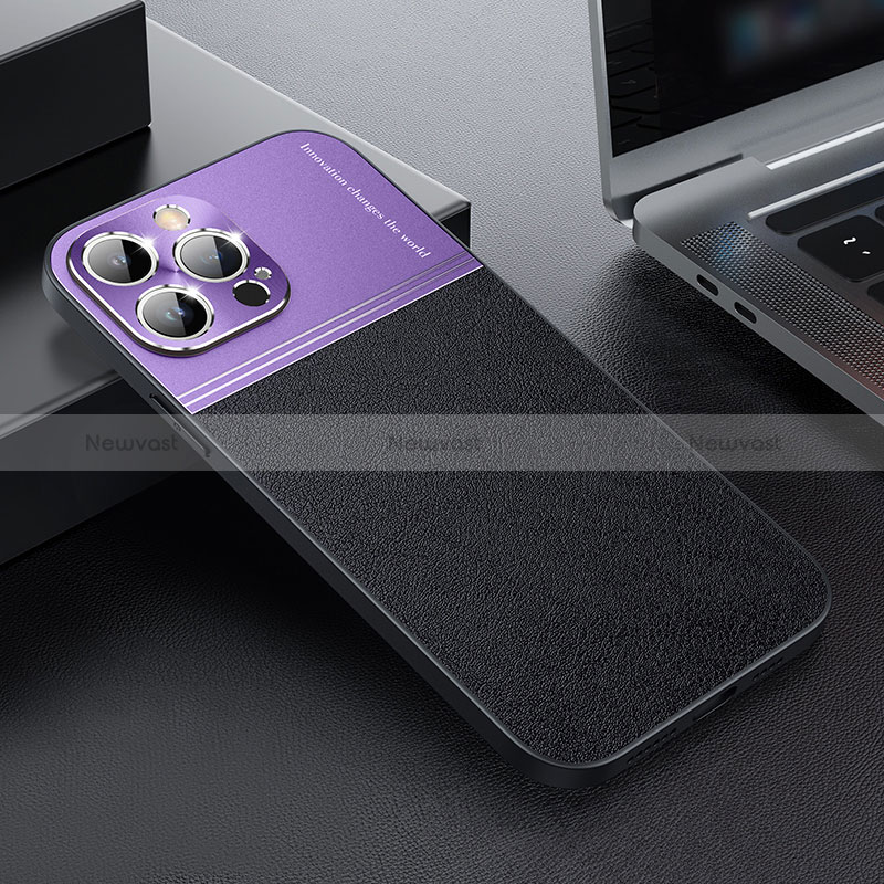 Luxury Leather Matte Finish and Plastic Back Cover Case QC1 for Apple iPhone 13 Pro Max Purple