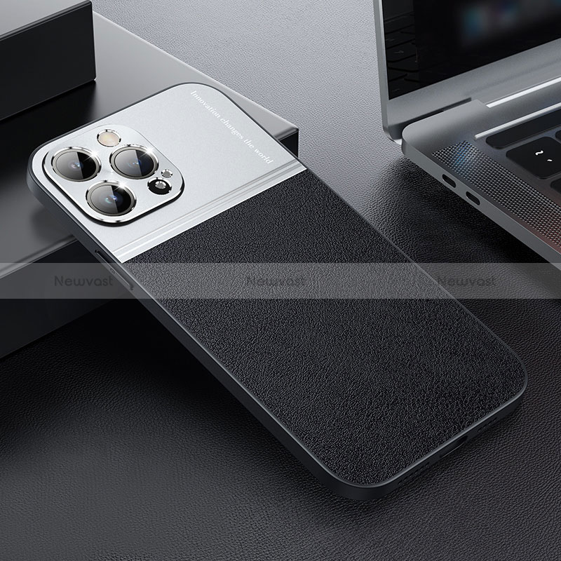 Luxury Leather Matte Finish and Plastic Back Cover Case QC1 for Apple iPhone 13 Pro Max Silver