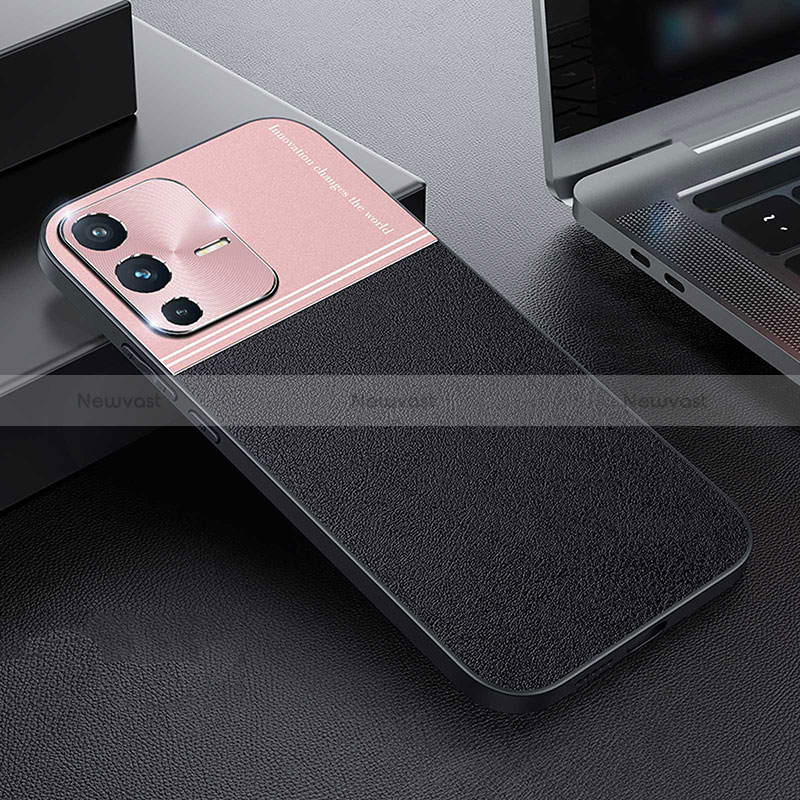 Luxury Leather Matte Finish and Plastic Back Cover Case QC1 for Vivo V23 Pro 5G Rose Gold