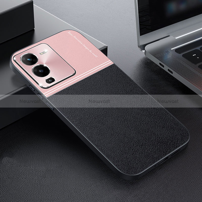 Luxury Leather Matte Finish and Plastic Back Cover Case QC1 for Vivo V25 Pro 5G Rose Gold