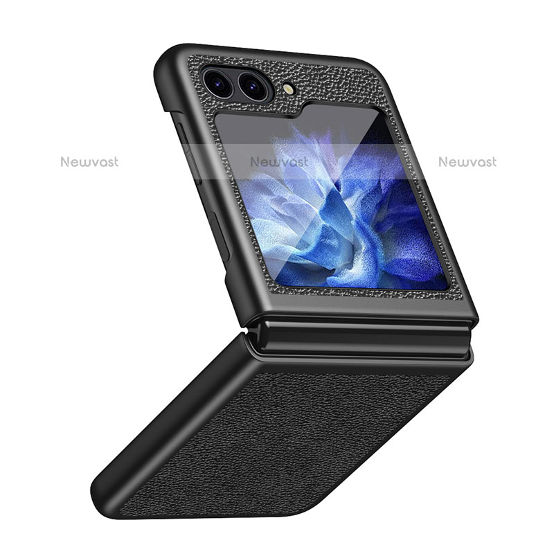 Luxury Leather Matte Finish and Plastic Back Cover Case QH2 for Samsung Galaxy Z Flip5 5G Black