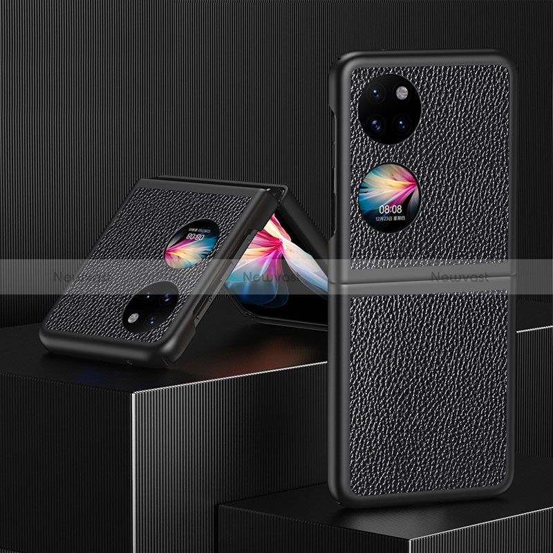 Luxury Leather Matte Finish and Plastic Back Cover Case QH3 for Huawei P50 Pocket Black