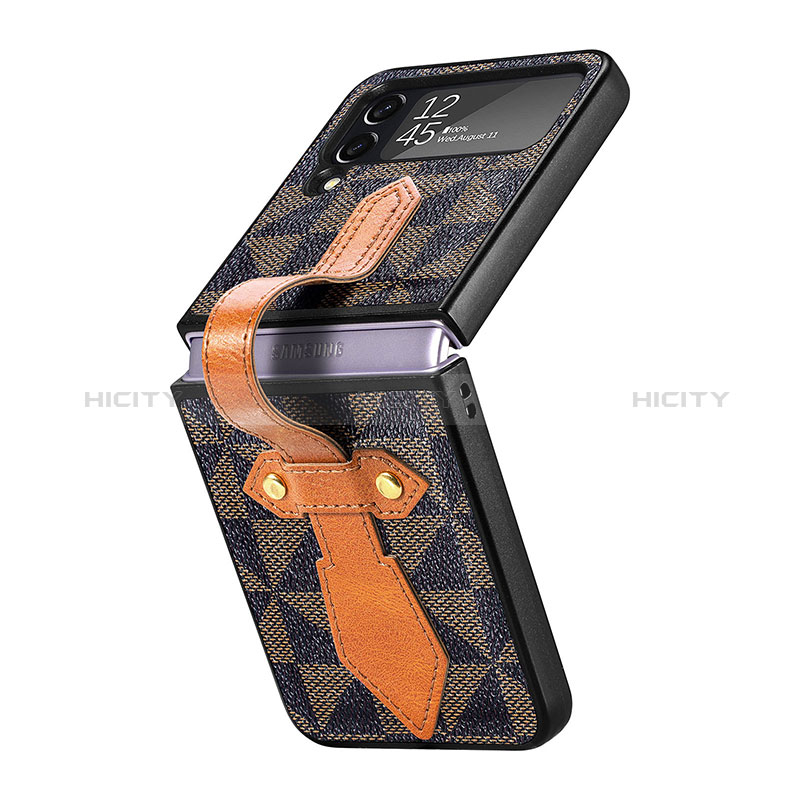 Luxury Leather Matte Finish and Plastic Back Cover Case R01 for Samsung Galaxy Z Flip4 5G Brown