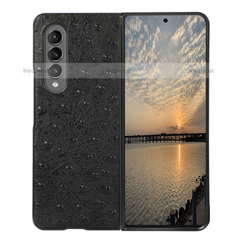 Luxury Leather Matte Finish and Plastic Back Cover Case R01 for Samsung Galaxy Z Fold3 5G Black