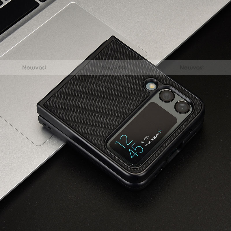 Luxury Leather Matte Finish and Plastic Back Cover Case R02 for Samsung Galaxy Z Flip3 5G Black