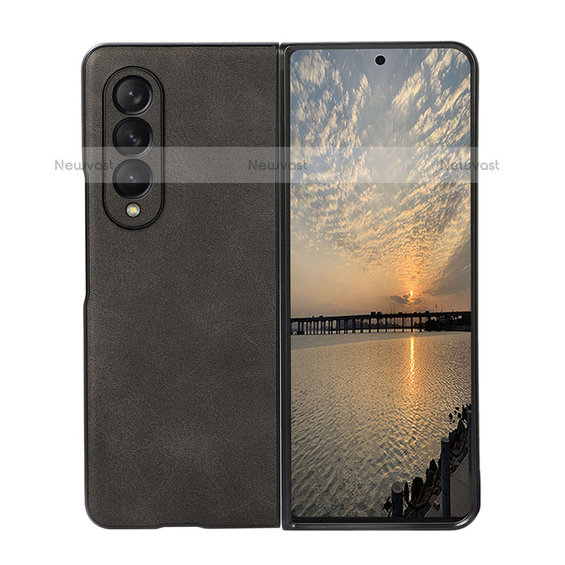 Luxury Leather Matte Finish and Plastic Back Cover Case R02 for Samsung Galaxy Z Fold3 5G Black