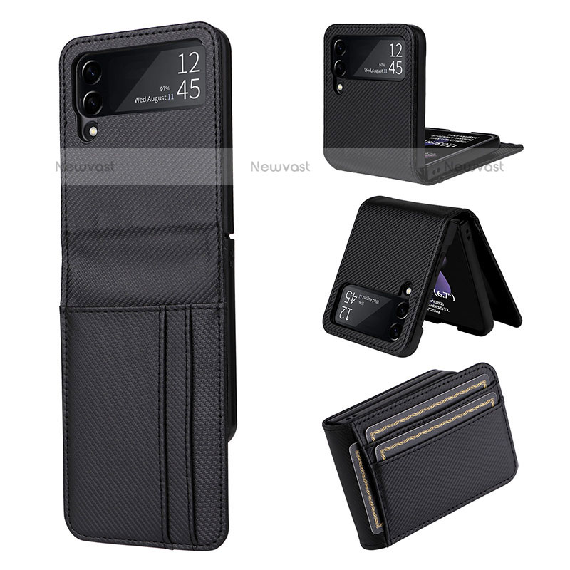 Luxury Leather Matte Finish and Plastic Back Cover Case R03 for Samsung Galaxy Z Flip3 5G Black