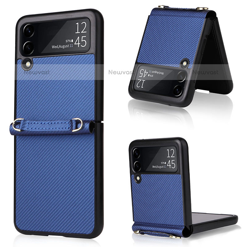 Luxury Leather Matte Finish and Plastic Back Cover Case R04 for Samsung Galaxy Z Flip3 5G Blue