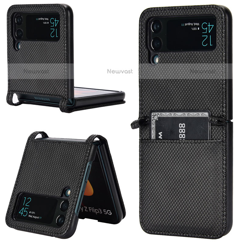 Luxury Leather Matte Finish and Plastic Back Cover Case R05 for Samsung Galaxy Z Flip3 5G Black