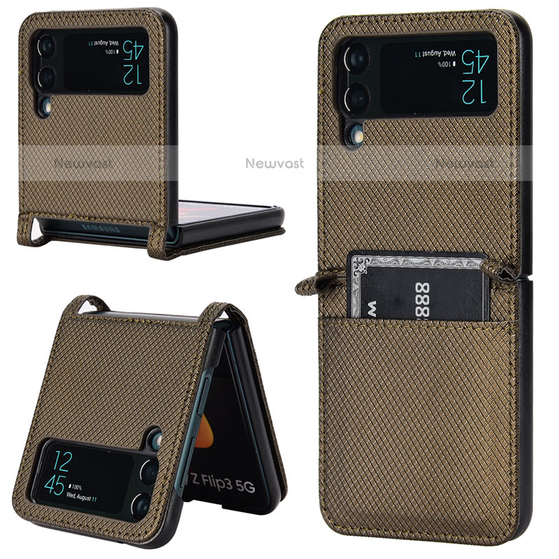 Luxury Leather Matte Finish and Plastic Back Cover Case R05 for Samsung Galaxy Z Flip3 5G Brown