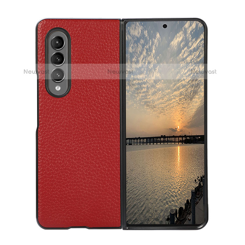 Luxury Leather Matte Finish and Plastic Back Cover Case R05 for Samsung Galaxy Z Fold3 5G Red