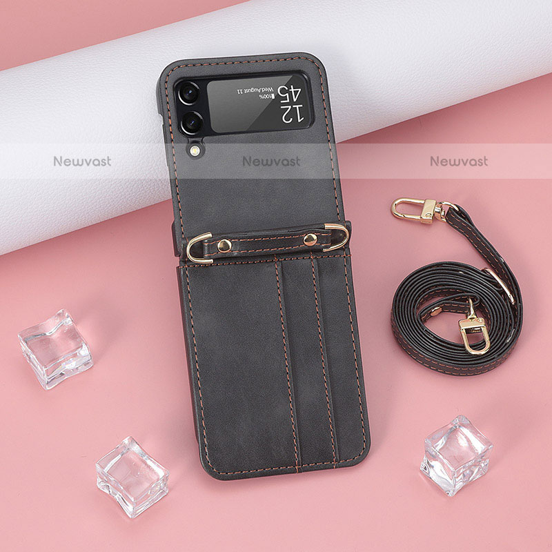 Luxury Leather Matte Finish and Plastic Back Cover Case R06 for Samsung Galaxy Z Flip3 5G Black