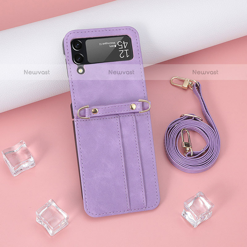 Luxury Leather Matte Finish and Plastic Back Cover Case R06 for Samsung Galaxy Z Flip3 5G Purple