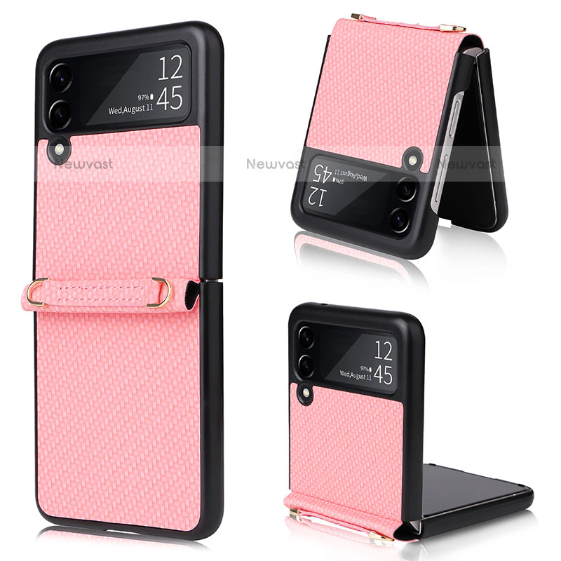 Luxury Leather Matte Finish and Plastic Back Cover Case R08 for Samsung Galaxy Z Flip3 5G Rose Gold